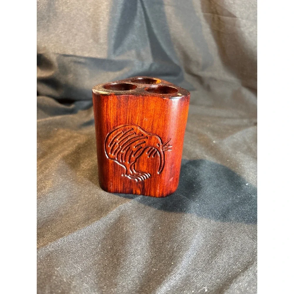 Hand Carved‎ Wooden Kiwi Toothbrush Holder Organizer Stand New Zealand